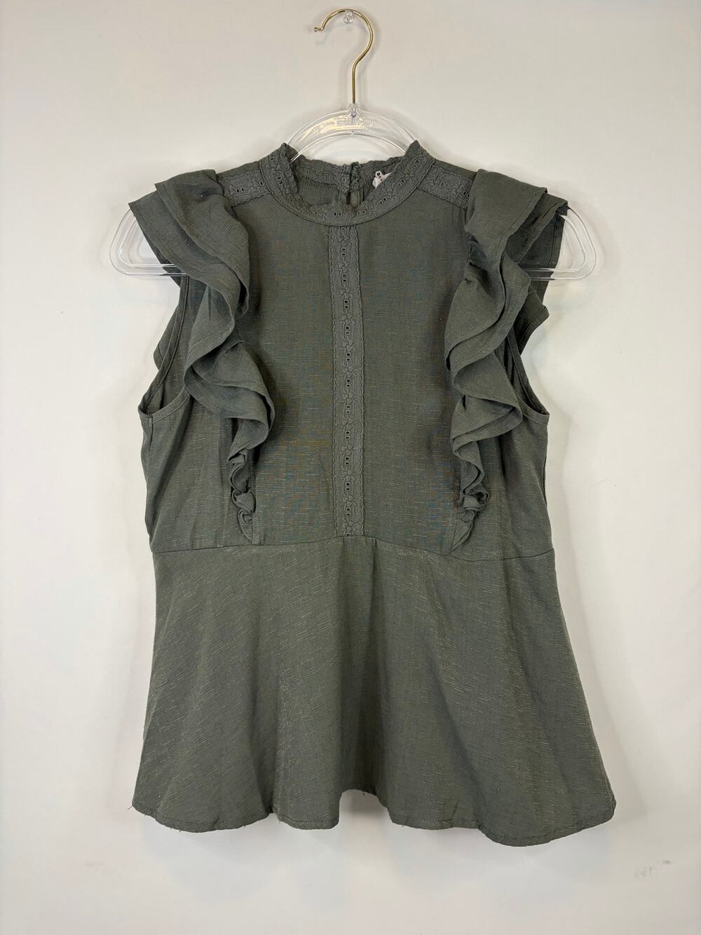 Savanna Jane Olive Green Peplum Ruffle Sleeveless Blouse Top Size Small
